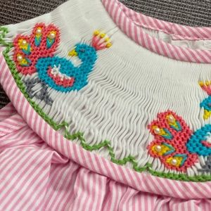 Smocked bubble peacock pink and white stripe